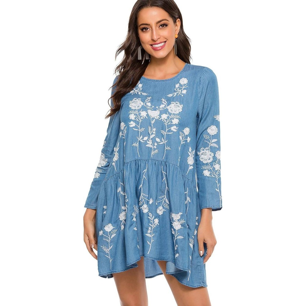 Goodnight Macaroon Babydoll Mini Dress Blue Floral Embroidered Tiered Size‎ M